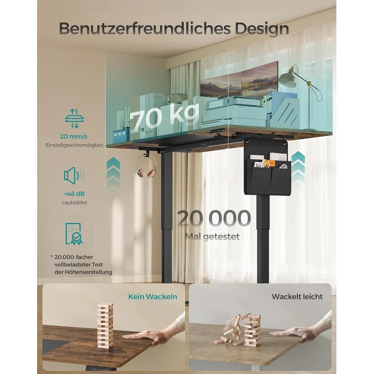SONGMICS Höhenverstellbarer Schreibtisch elektrisch, 180 x 80 cm, stufenlos verstellbar, Memory-Funktion mit 4 Höhen, USB-C-Anschluss, vintagebraun-mattschwarz – Bild 5