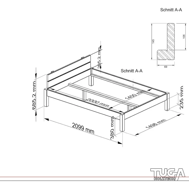 Pfostenbett "metallarm" Fichte Holzbett "Daybett" 140 x 200cm 38cm Doppelbett – Bild 6