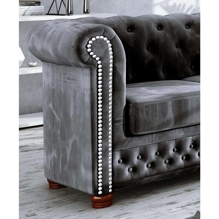 S-Style Möbel Chesterfield-Sofa Leeds 2-Sitzer aus Samt-Stoff mit Holzfüßen, mit Wellenfederung – Bild 3