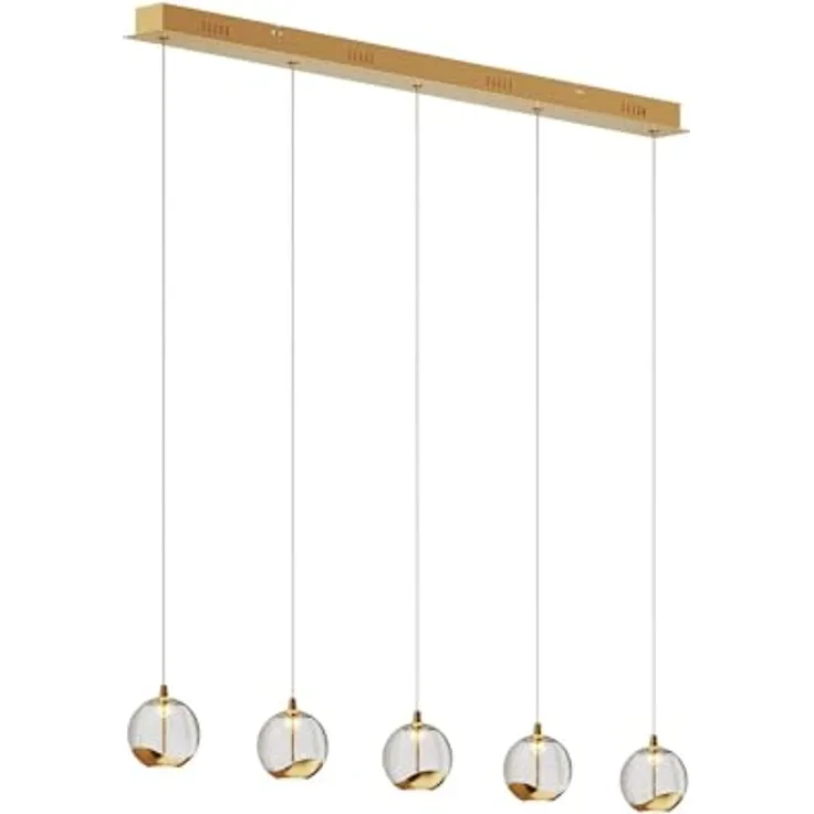 Lucande LED-Pendellampe Hayley, 96 cm, 5-flg., gold mit Glaskugeln und Blasenstruktur