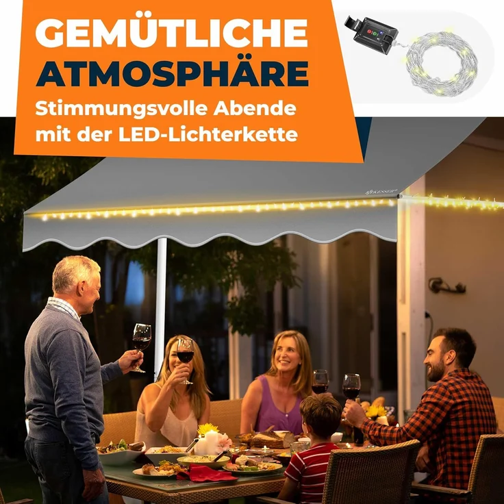 KESSER® Klemmmarkise mit Handkurbel & LED Lichterkette | Balkonmarkise ohne Bohren | Markise UV-beständig höhenverstellbar & wasserabweisend | Sonnenschutz für Balkon Terrasse & Garten Grau, 300cm – Bild 7