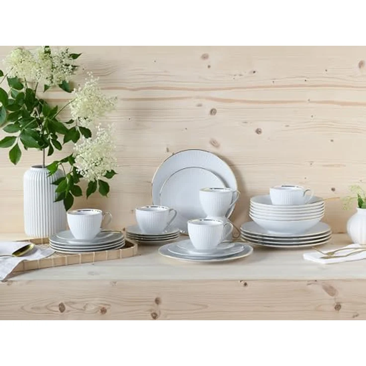 Creatable Kombiservice Valencia, 30-teiliges Geschirr Set aus handbemalter Keramik, Weiß und Gold, lebensmittelecht, stapelbar, 200 ml – Bild 2