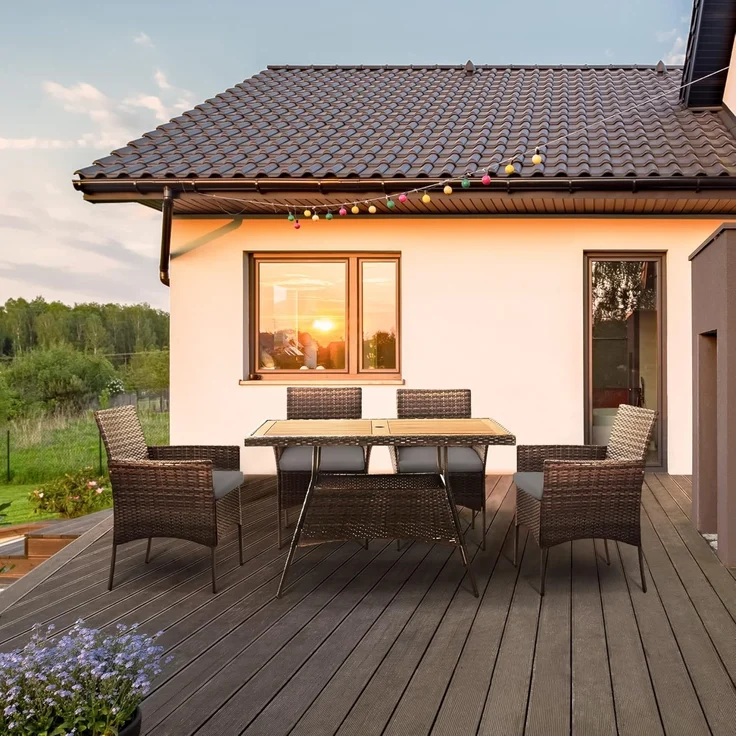 Teamson Home 5-teiliges Gartenmöbel-Set für den Außenbereich, Rattan-Gartentisch & 4 Stühle mit abnehmbaren Kissen, wetterbeständig, Braun/Creme – Bild 5