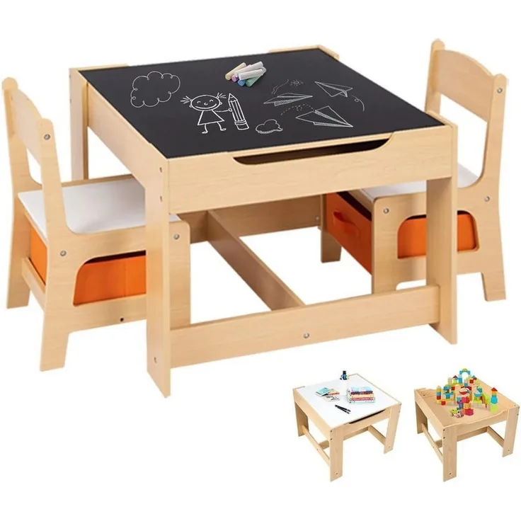 COSTWAY Kindersitzgruppe, 3tlg. Kindertisch mit 2 Stühlen, Stauraum & Tafel