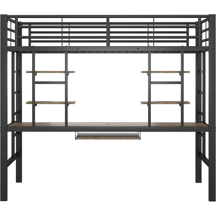 EINHOM Bettgestell Metallbett, Eisenbett, Hochbett mit Schreibtisch und Zwei Bücherregalen für Kinder, Jugendliche und Erwachsene, 90 x 200 cm, Schwarz, (Ohne Matratze) – Bild 7