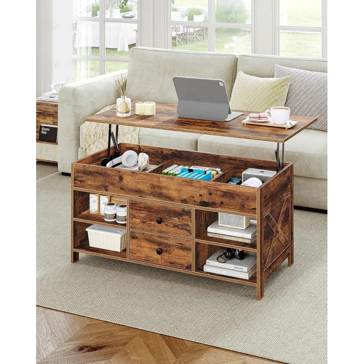 Couchtisch, höhenverstellbarer Wohnzimmertisch, Sofatisch, 2 Schubladen und Versteckter Stauraum, 50 x 100 x 47,3-61,3 cm, für Wohnzimmer, Esszimmer, Büro, Vintage Braun-Schwarz – Bild 7