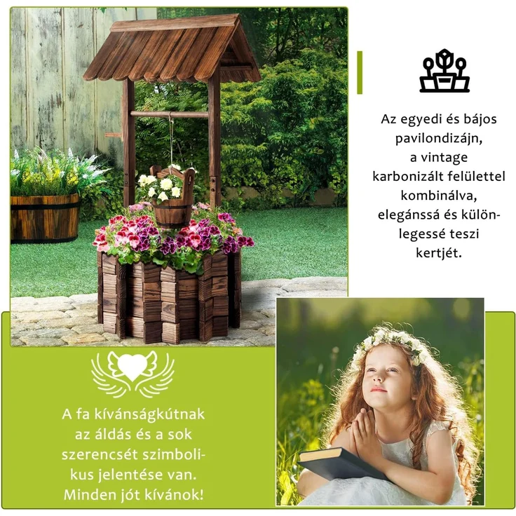 Aoxun Pflanztopf Wunschbrunnen Holz, Ziehbrunnen Pflanzenständer, Wunschbrunnen Pflanzkübel, 54x54x118cm, Dekobrunnen für Garten, Gartenbrunnen Blumenkübel,Natürlicher Holzfarbton – Bild 4