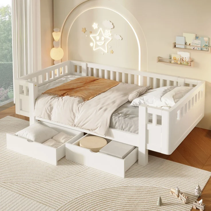 Merax Hochbett 90x200 Kinderbett, mit hohem Schutzgitter & zwei großen Schubladen, Weiß – Bild 3