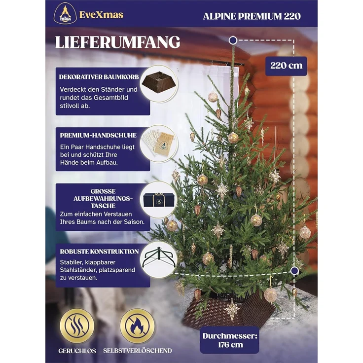 EveXmas Alpine Künstlicher Weihnachtsbaum Grün 220 cm – 826 Astspitzen, inkl. klappbarem Metallständer – Bild 2