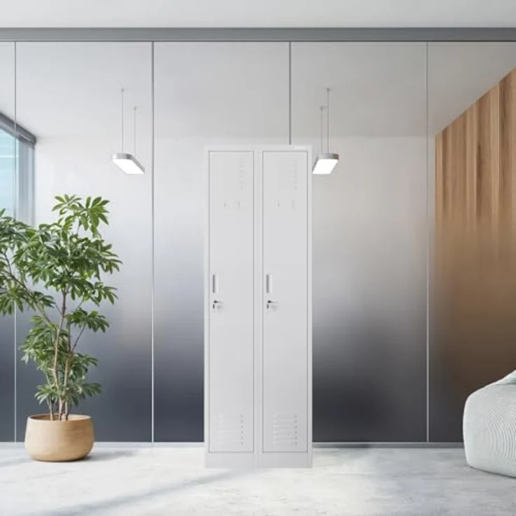 Jan Nowak Spind Schrank, Kleiderschrank, Metallschrank, Schließfachschrank | 2 Abteile mit Kleiderstange, Lüftungsschlitze, Trennwände, 4 Kleiderhaken pro Abteil | 180 x 60 x 50 cm, Grau – Bild 14