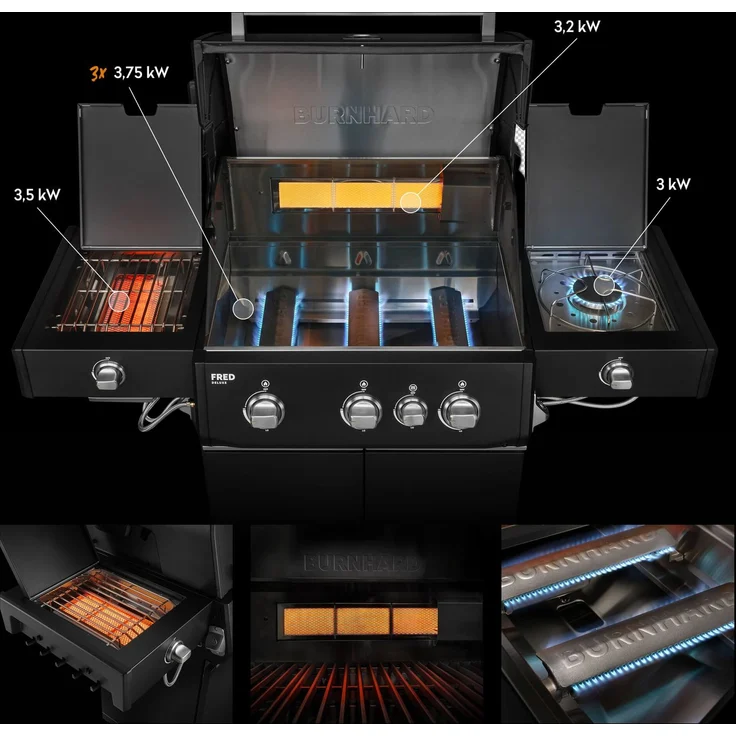 BURNHARD® Gasgrill 3-Brenner, 900°C Infrarot-Keramikbrenner, Longlife Premium-Gussbrenner, Seitenkochfeld, Edelstahl, Piezo-Zündung, Gussrost – FRED Deluxe+ - Schwarz - #947134 – Bild 2