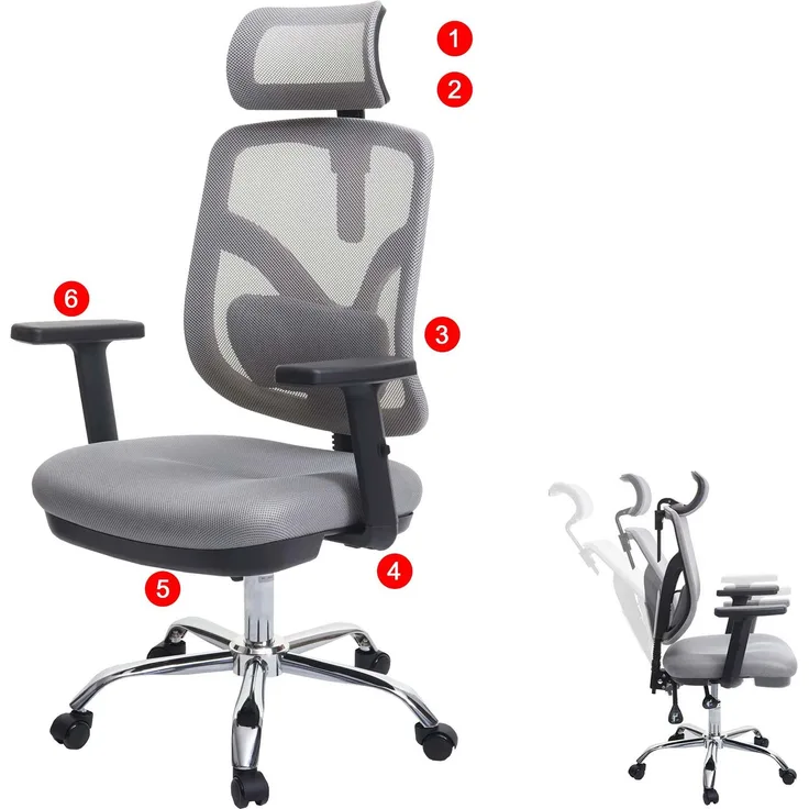 Bürostuhl HWC-J92, Schreibtischstuhl, ergonomisch, verstellbare Lordosenstütze und Armlehne ~ grau