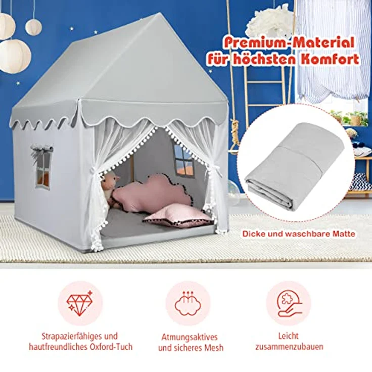 COSTWAY Prinzess Prinzessin Kinderzelt, Stoffzelt / Massivholzrahmen / Baumwolldecke grau, 120 x 105 x 140 cm – Bild 4