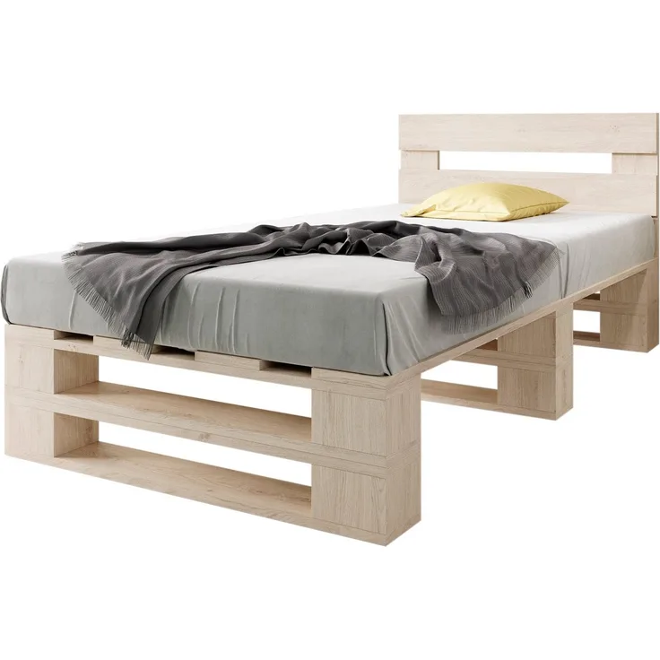 sunnypillow Palettenbett M2 aus Holz 120x200 cm mit Kopfteil und 2 Bettkästen. Stabiles Seniorenbett Kinderbett Jugendbett Gästebett erhöhtes Einzelbett Bettgestell Futonbett Komforthöhe Naturholz