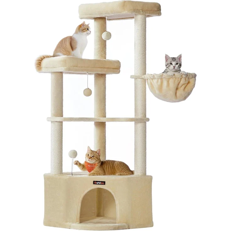 Feandrea Kratzbaum, Katzenbaum, 48,5 x 48,5 x 140,7 cm, Katzenkratzbaum mit großer Kuschelhöhle, großen Plattformen, Plüschbällen, Liegemulde, sandbeige – Bild 1
