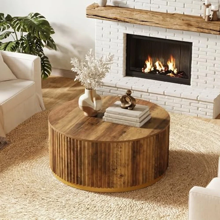 LITTLE TREE Runder Couchtisch, Gerilltes Holz mit Goldenem Metallsockel, 80 cm Durchmesser, Rustikales Braun, Massivholz, Mid-Century Modern für Wohnzimmer – Bild 3