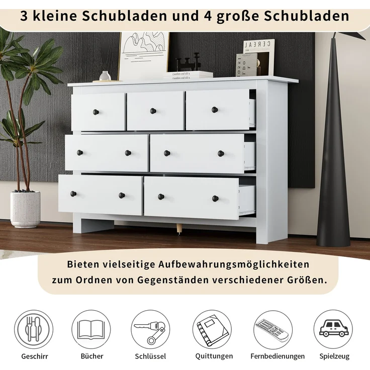 DESVIAE Sideboard mit 7 Schubladen, 152x88,5x40 cm, aus Spanplatte, Weiß – Bild 6