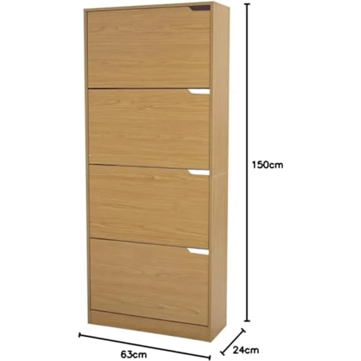 BAKAJI Schuhschrank mit 4 Klappen, Schuhregal, Schuhkipper, Schuhkommode 4 Tiefen Fächern, Verstellbar - Flur, Diele, Wohnzimmer, Schlafzimmer, 63 x 24 x 150 cm, platzsparend, Eingangshaus (Eiche) – Bild 4