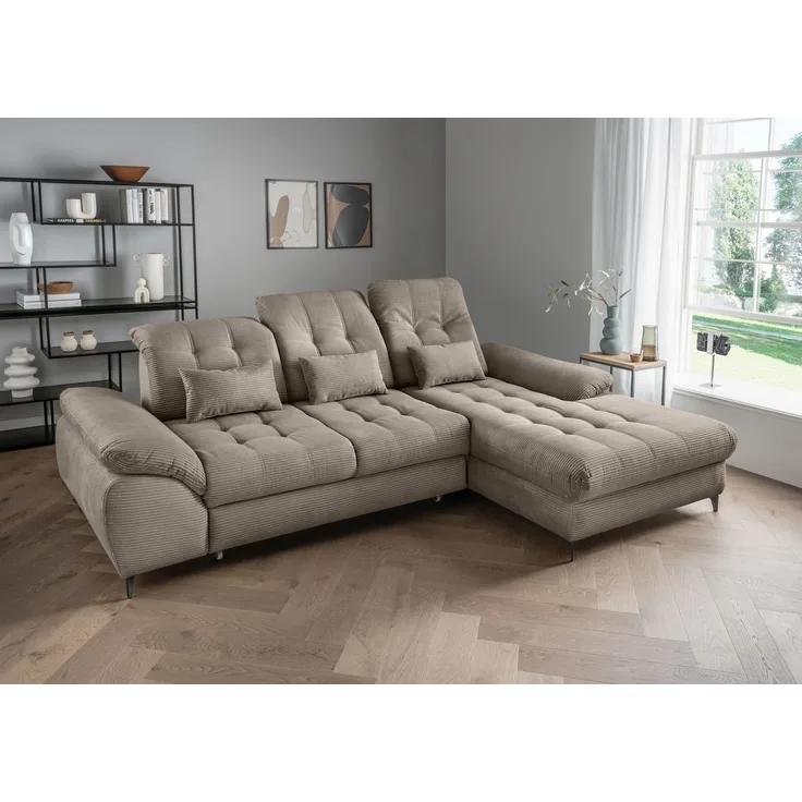 Polsterecke >Devland< Schlaffunktion, Stauraum, Cord grau-braun - 273x105x189cm (BxHxT)