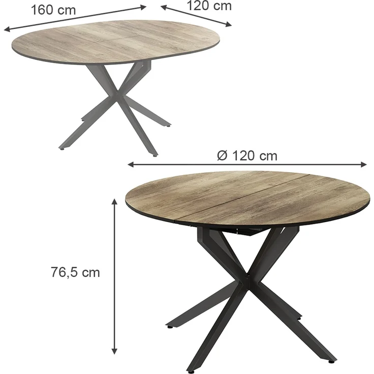 Esstisch Loyd Eiche rustikal/Schwarz 120 x 76.5 cm ausziehbar Vicco – Bild 3