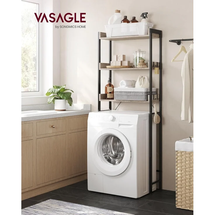 Vasagle Toilettenregal mit 3 offenen Ablagen, Holz | Stahl Greige-Schwarz, 63 x 25 x 165 cm – Bild 2