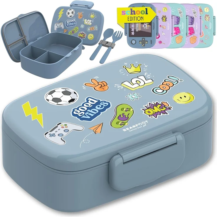 BEARFOOT Lunchbox Brotdose Kinder mit Fächern, auslaufsicher - Sticker, blau, Kindergarten und Schule - Mädchen und Jungen, Vesperbox, Snackbox