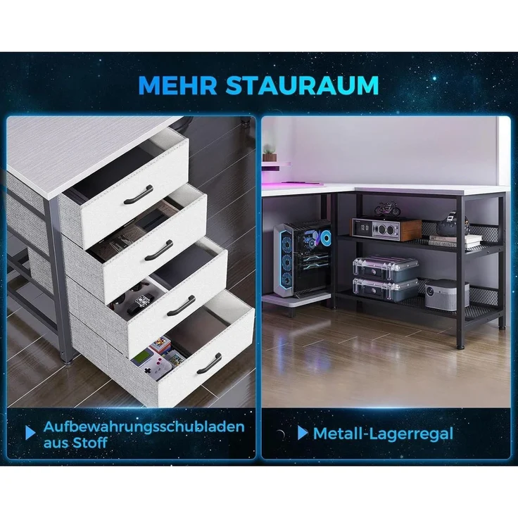 ODK Eckschreibtisch 4 Schubladen Stauraum, Steckdosen USB, Gaming Schreibtisch – Bild 5