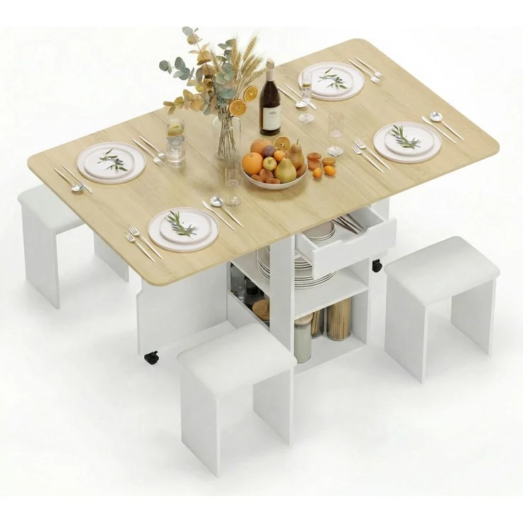 Mondeer Essgruppe Esstisch mit 4 Polsterhocker, Platzsparender Drop-Leaf-Tisch mit 2 Schubladen & Rollen – Bild 3