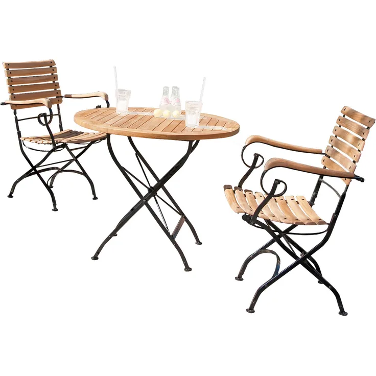 Sonnenpartner 3-teilige Sitzgruppe Oxford Ø 90 cm Teakholz und Eisen schwarz Gartentisch klappbar
