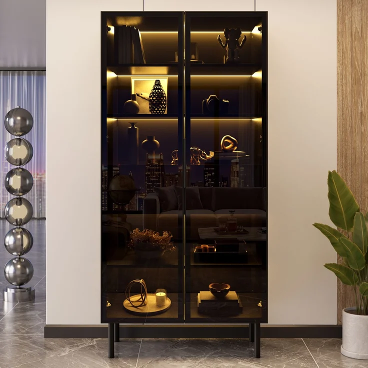 Vitrine 70x36x170 cm in Schwarz mit Glasfront, LED-App-Steuerung und 2 Schubladen – Bild 2