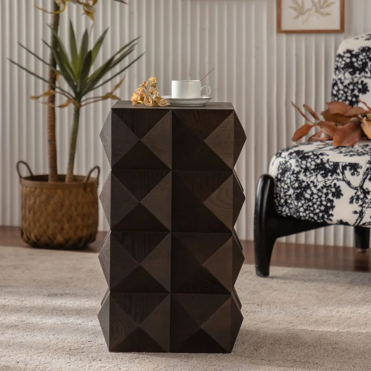 Beistelltisch aus Massivholz und MDF, Retro Couchtisch mit dreidimensionaler Reliefstruktur, Naturholz,Braun – Bild 3