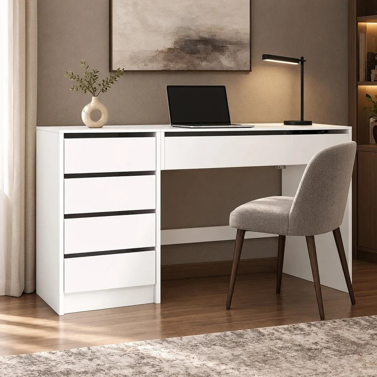 Schreibtisch aus Spanplatte mit Höhenverstellung und 4 Schubladen, 120x50x78–92 cm, Weiß – Bild 2
