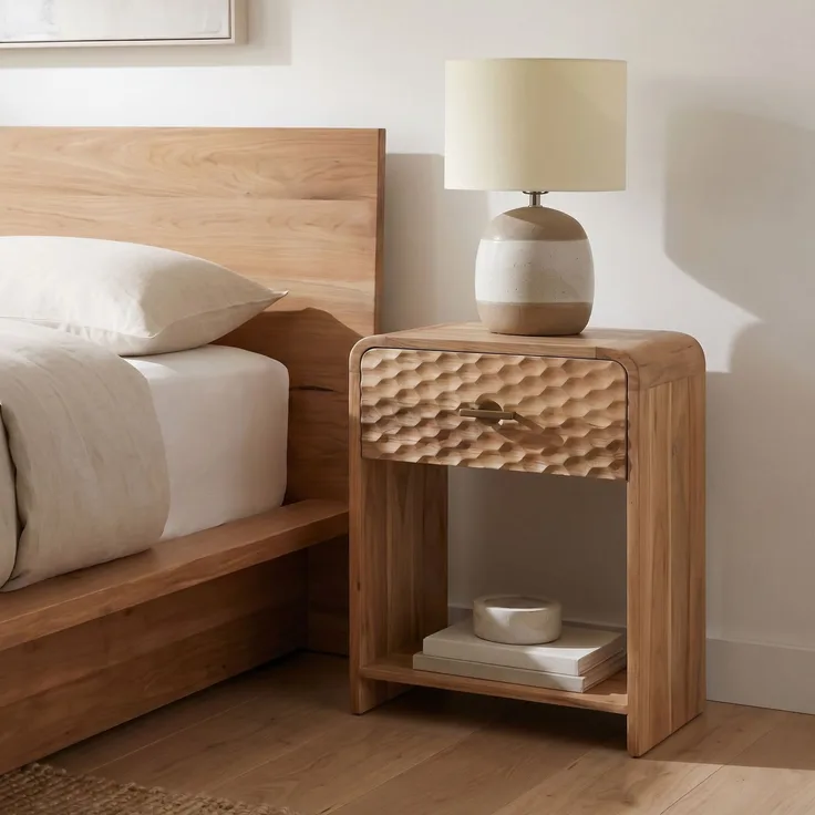FINEBUY Nachttisch FB117921 Nachtkonsole Nachtkommode Mango Massivholz Nachtschrank 54cm (Tolles Nachtkästchen mit schicker Front), Holznachttisch mit Schublade und Ablagefach