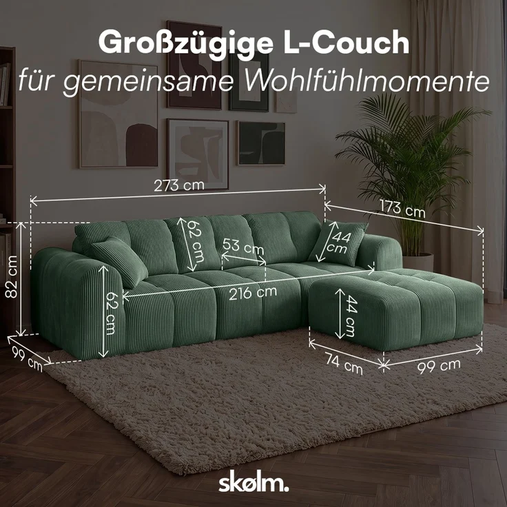 skølm 'Vanaheim' Sofa 3 Sitzer mit Hocker & 2 Kissen, Cloud Sofa dunkelgrün, Cord, Vollschaumcouch mit Federkern und Vakuum-Kompression, kein Aufbau erforderlich – Bild 8