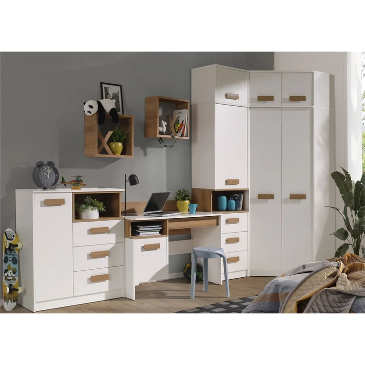 Marmex Möbel Grant Set-10 Komplettes Jugendzimmer-Set, 8-teilig, mit hohem Eckschrank, Kommode mit Schubladen, Kinderzimmermöbel mit Schreibtisch, laminierte Spanplatte, weiß+riviera Eiche, 341/91x235x55 cm – Bild 1