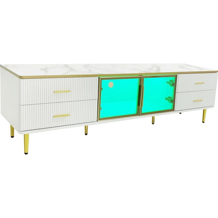 TV-Lowboard aus Spanplatte mit LED & Glasfront, 170x37x47,5 cm, Weiß – Bild 3