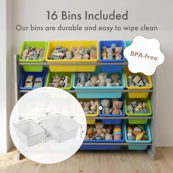 Humble Crew buntes Kinderregal, Grau/Blau/Grün/Gelb! 16 Boxen für Spielzeug, ideal für Kinderzimmer. Fröhliche Ordnung schaffen! – Bild 4
