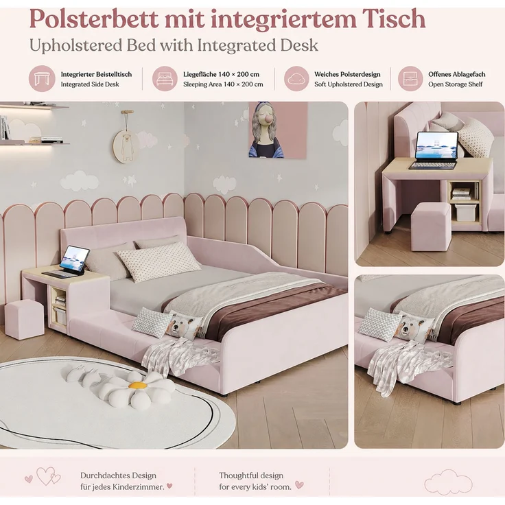 Kinder-Polsterbett, Samt mit Schreibtisch, Hocker & Ablageboden, 140x200 cm, Rosa, ohne Matratze – Bild 7