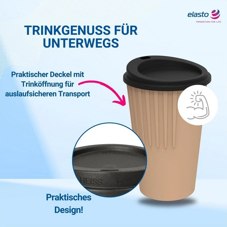 elasto Coffee-to-go-Becher Kaffeebecher 300 ml Trinkbecher mit Deckel und Riffel-Optik, Made in Germany, BPA-frei, 100% recyclebar, Heißgetränke, Teebecher – Bild 3