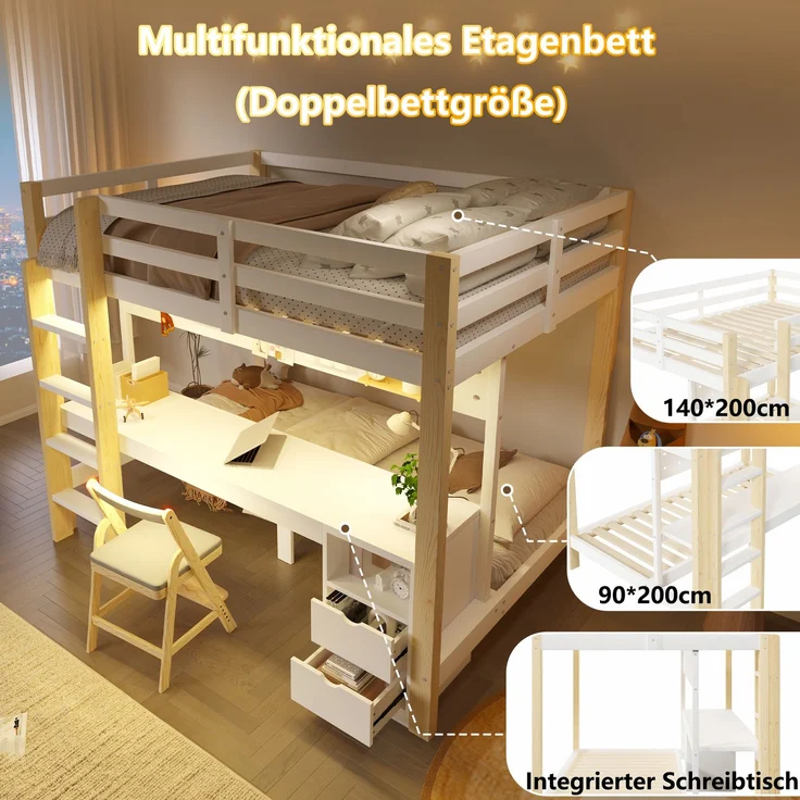 Merax Etagenbett, 90x200 cm & 140x200 cm, mit Schubladen und Schreibtisch, inklusive LED-Lichtleiste, (Keine Stühle), Natur – Bild 7