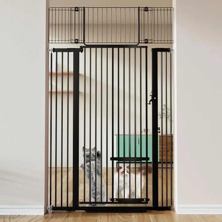 COMOMY 180 cm Extra Hoch Türgitter Katze/Hund, 75-103 cm Extra Breit Türschutzgitter mit Verstellbarer Katzenklappe, Tierschutzgitter Ohne Bohren für Treppen, Türen, Küche (Schwarz) – Bild 2
