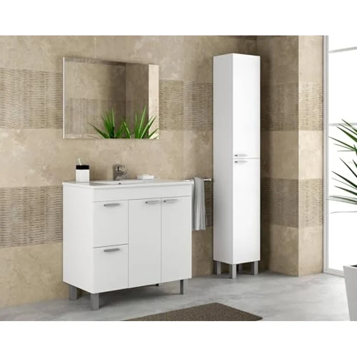 Dmora - Lakewood Waschtischunterschrank, Badezimmerschrank, 2-türiger Kleiderschrank mit zwei Schubladen mit Spiegel, Waschbecken nicht im Lieferumfang enthalten, 80 x 45 x 80 cm, glänzendes Weiß – Bild 5