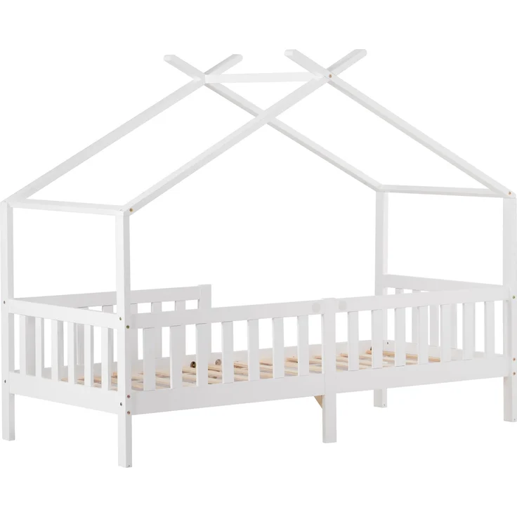 Hausbett 90×200 cm mit Rausfallschutz und Lattenrost, Weiß, ohne Matratze – Bild 6