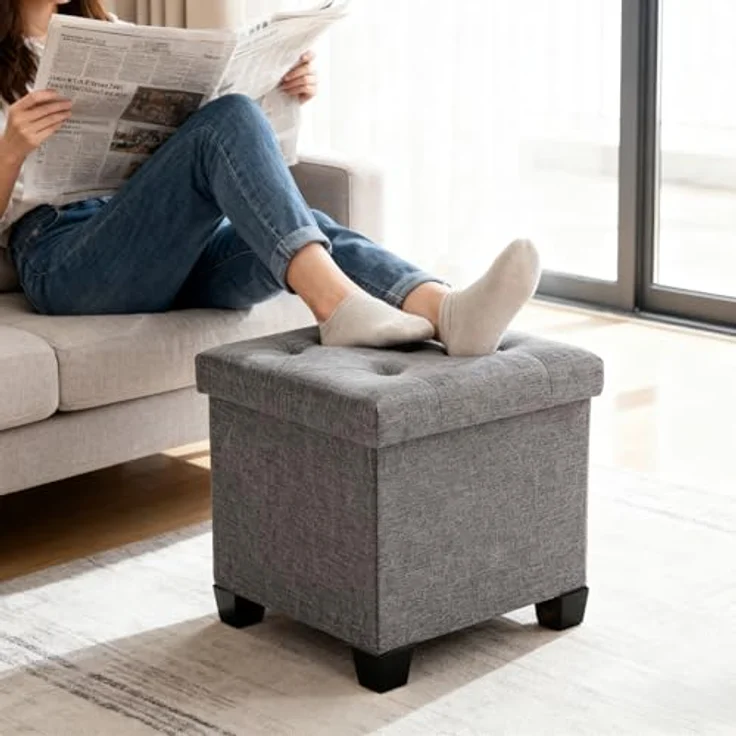 Sweetcrispy Sitzhocker mit Stauraum, 38 x 38 x 38 cm, Kleine Klappbare Sitzbank, Aufbewahrungsbox mit Deckel als Hocker & Fußbank, bis 300 kg belastbar, für Flur Wohnzimmer Schlafzimmer, Dunkelgrau – Bild 2
