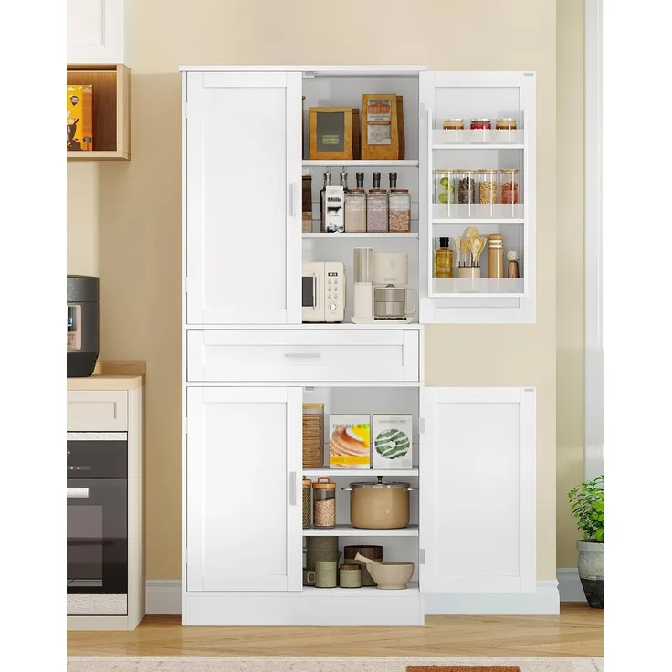 Buffetschrank, Küchenschrank mit 6-stufigem Türrückseiten-Regalsystem, Sideboard mit 4 Türen und 1 Großer Schublade, Modern Stil, Küche, Wohnzimmer, 40 x 80 x 180 cm, Weiß