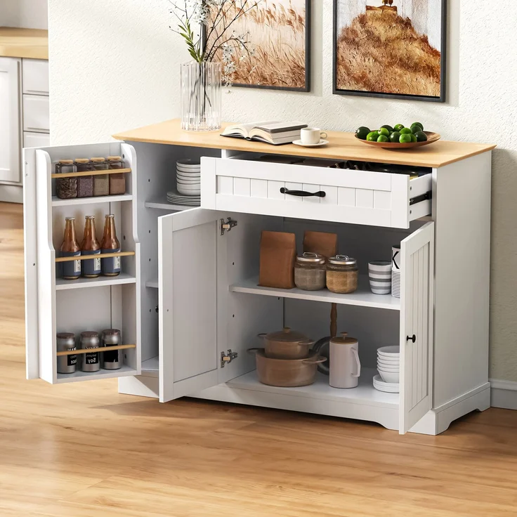 Modernes, elegantes Sideboard mit 3 Türen und einer Schublade, Buffetschrank für Esszimmer, Wohnzimmer und Diele (Weiß+Natur) – Bild 3