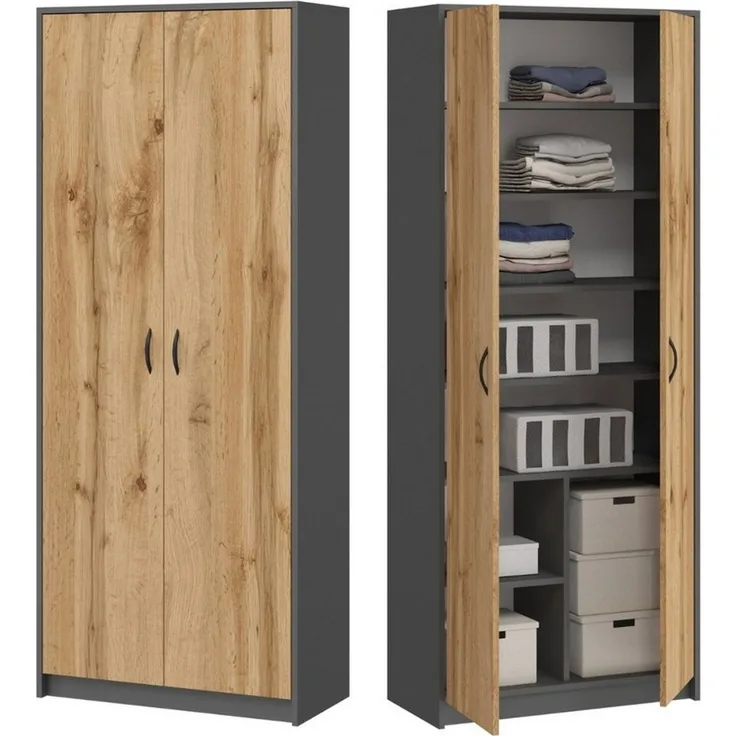 Home Collective Mehrzweckschrank Kleiderschrank Regal 74cm breit 180cm hoch Aktenschrank mit sechs Einlegeböden und Extra-Fach, Haushaltsschrank in grau