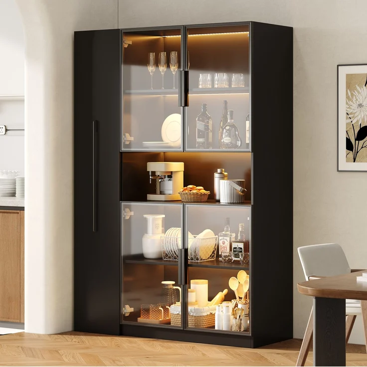 Vitrinenschrank mit Glasfront, LED-Beleuchtung & Ausziehregalen, 110x35x160 cm, Schwarz – Bild 4