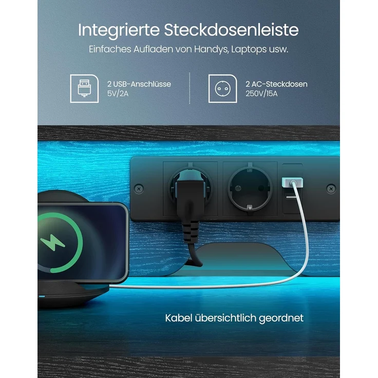 VASAGLE Schreibtisch mit Stoff-Schubladen, Computertisch mit Monitorständer, LED-Beleuchtung, 55 x 135 x 90 cm, eingebaute Steckdosen, 2 USB-A-Anschlüsse, für Homeoffice, ebenholzschwarz LWD094B56 – Bild 5