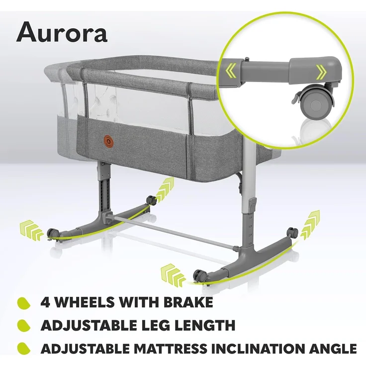 lionelo Aurora 3in1 Baby Nachttisch Co-Sleep für Babys ab Geburt bis 9 kg, verstellbare Höhe & Neigung, Matratze, 4 feststellbare Räder, atmungsaktive Mesh-Einsätze, tragbar, waschbar, Tragetasche, – Bild 5